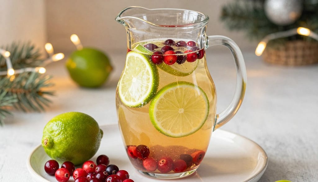 Lime and cranberry garnish beside sparkling holiday punch